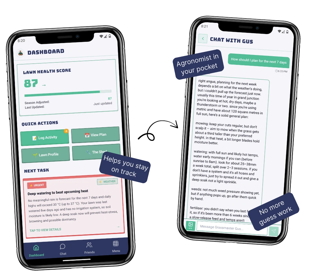 Grassmaster Gus app showing the lawn dashboard with health score and a chat conversation with the AI agronomist